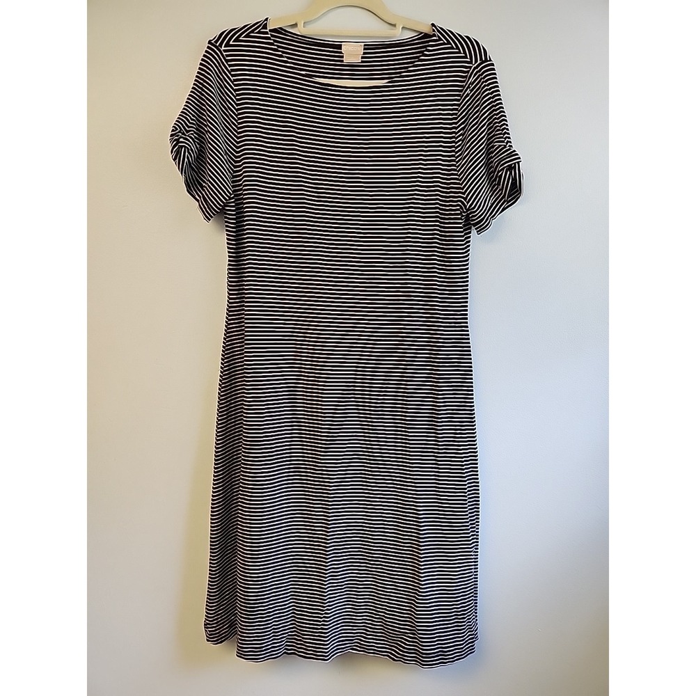 Chicos Women Sz 1 US M/8 Black White Stripe Knot Sleeve Dress